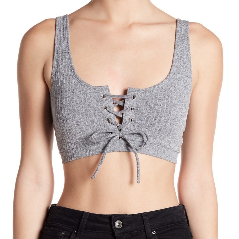Free Press Ribbed Grommet Lace-Up Bralette Grey